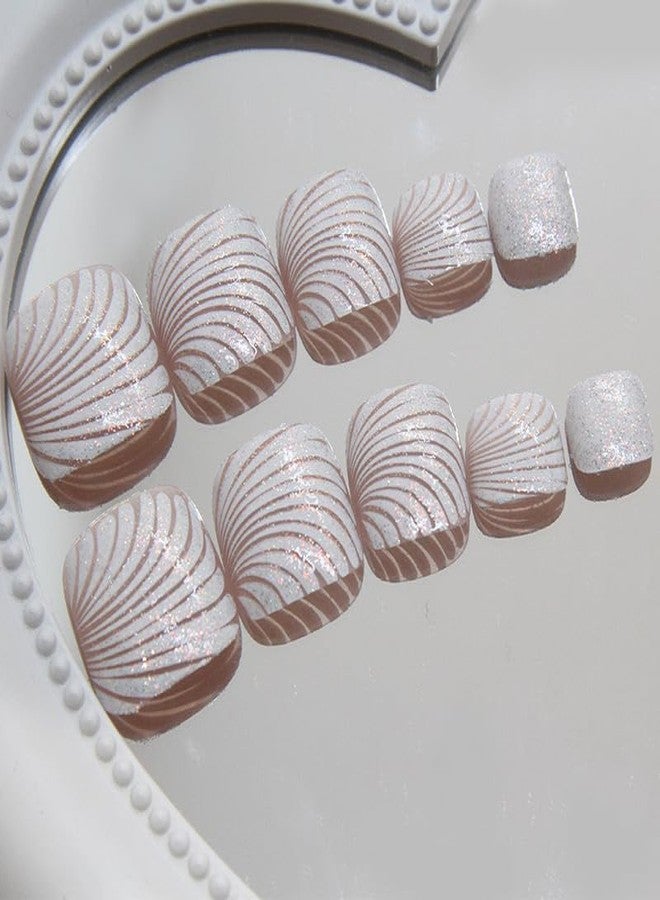 TOGZOM White Press on Toe Nails Short Square Fake Toenails Beach Sea Shell False Nails Summer Acrylic Toenails Shiny Glitter Line Artificial Toe Nails for Women Girls Manicure Nails Decoration 24Pcs - Image 2